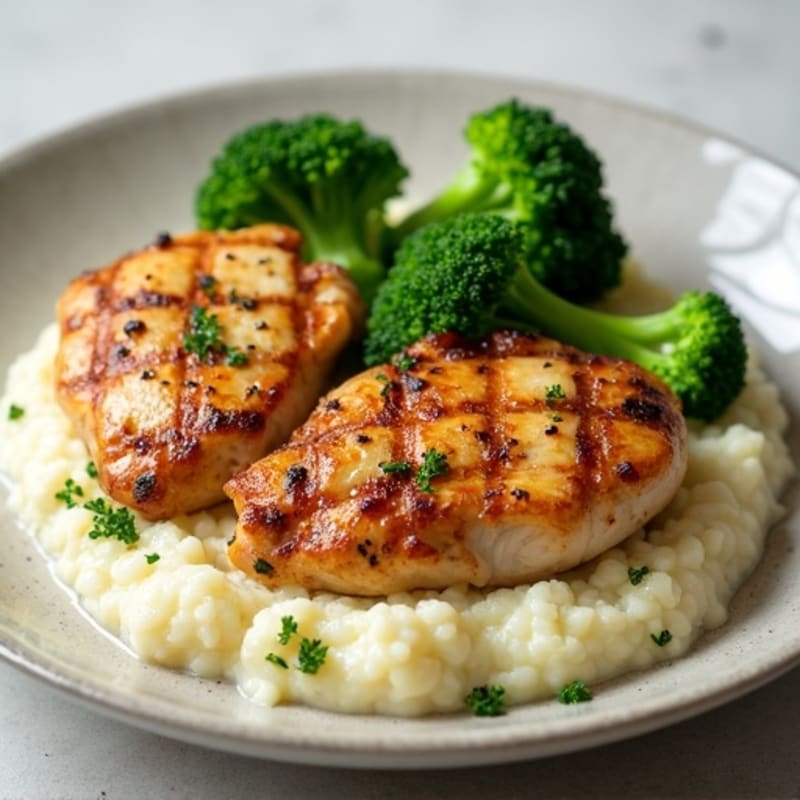 Seared Chicken Thighs with Steamed Broccoli and Garlic Cauliflower Mash