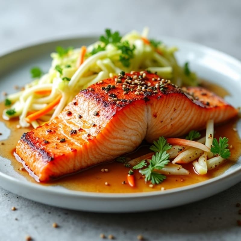 Honey-Garlic Pan Seared Salmon with Sesame Cabbage Slaw