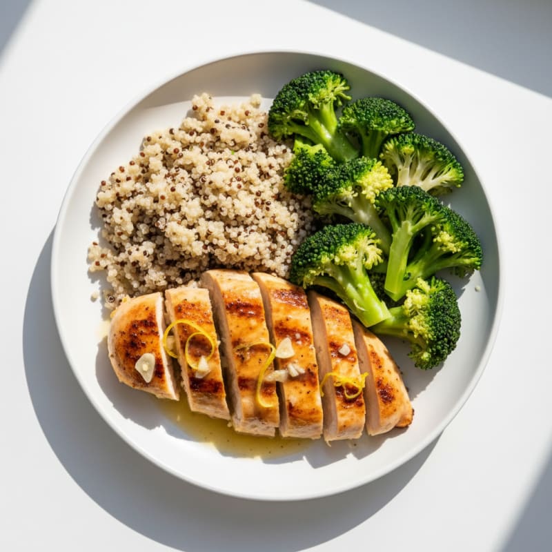 Grilled Lemon Garlic Chicken with Quinoa and Steamed Broccoli