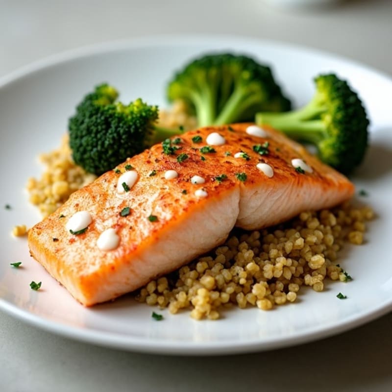 Seared Salmon Fillet with Roasted Broccoli, Quinoa & Egg White Drizzle