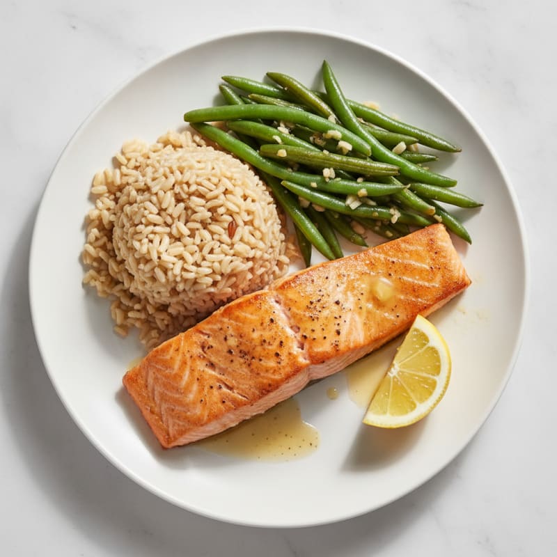 Seared Salmon with Garlic Green Beans and Brown Rice