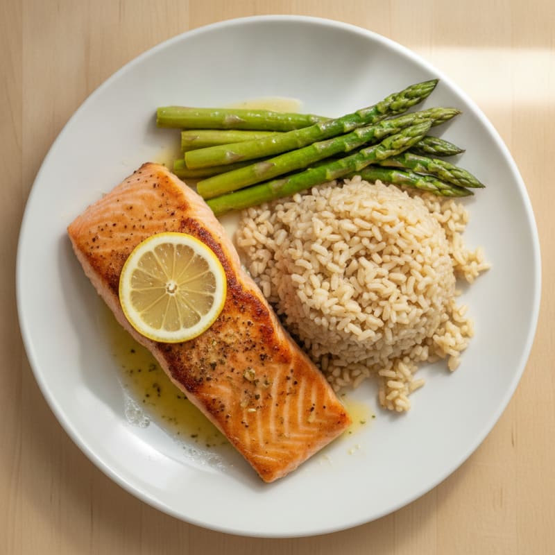 Seared Salmon with Steamed Asparagus and Brown Rice