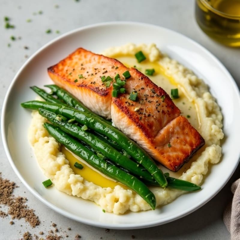 Seared Salmon with Garlic Green Beans and Cauliflower Mash