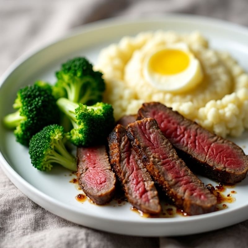 Seared Lean Beef Strips with Steamed Broccoli and Cauliflower Mash