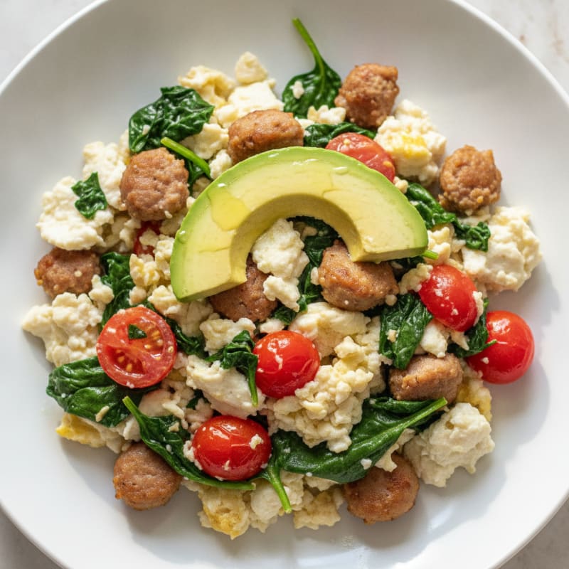 Egg White and Turkey Sausage Scramble with Spinach and Tomatoes