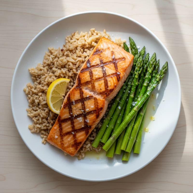 Seared Salmon Fillet with Steamed Asparagus and Brown Rice