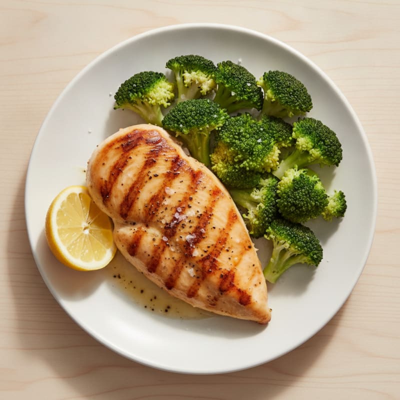 Grilled Chicken Breast with Steamed Broccoli and Lemon
