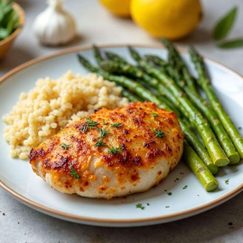 Crispy Lemon Garlic Roasted Chicken with Roasted Asparagus and Fluffy Quinoa