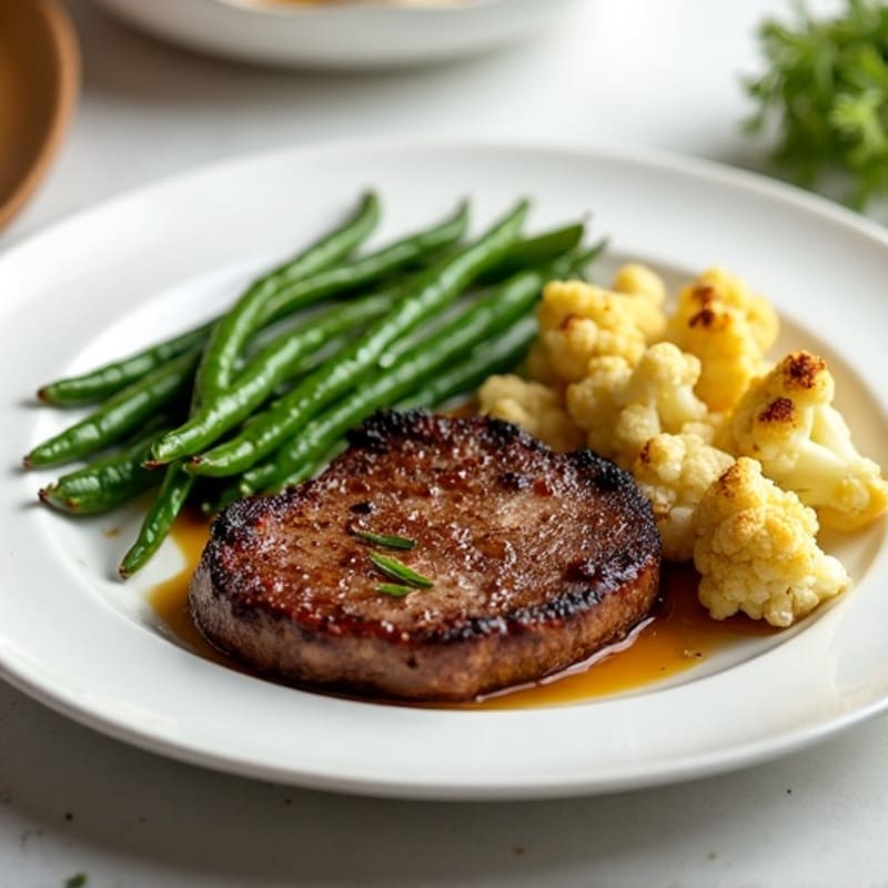 Seared Lean Beef with Roasted Cauliflower and Garlic Green Beans