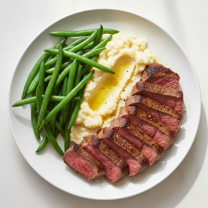 Seared Lean Beef with Steamed Green Beans and Garlic Mashed Cauliflower