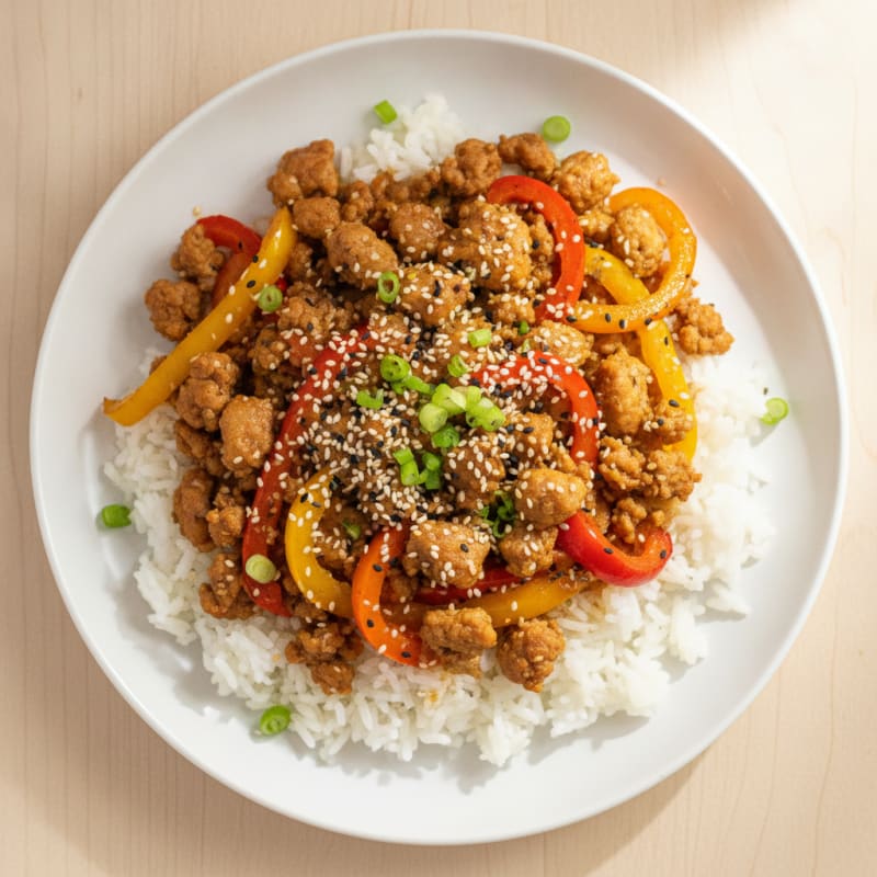 Lean Ground Turkey Stir Fry with Bell Peppers and Jasmine Rice