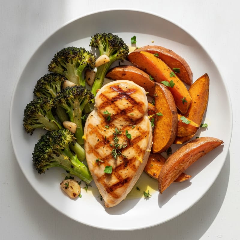 Grilled Chicken Breast with Roasted Sweet Potato and Broccoli