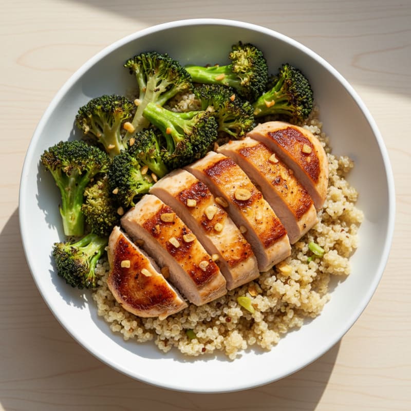 Seared Chicken Breast Bowl with Quinoa and Roasted Broccoli