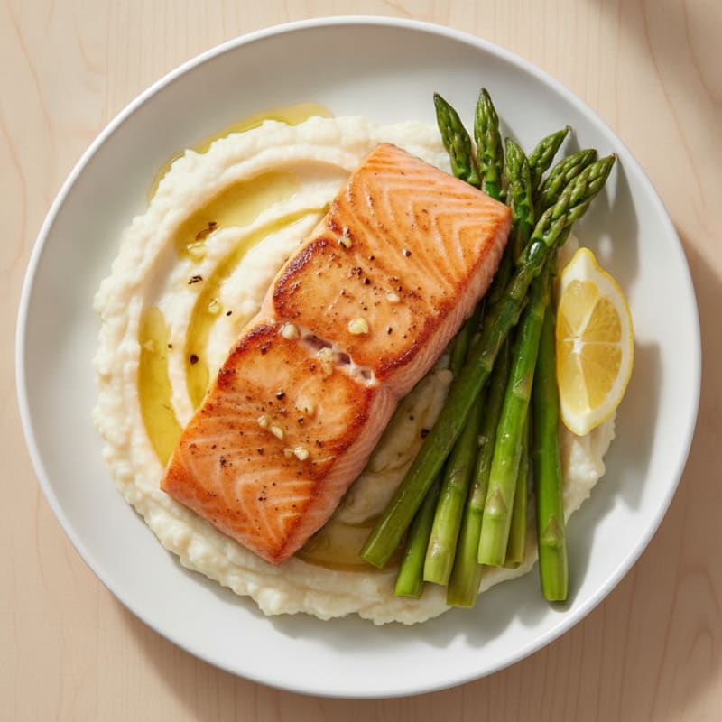 Seared Salmon with Steamed Asparagus and Cauliflower Mash