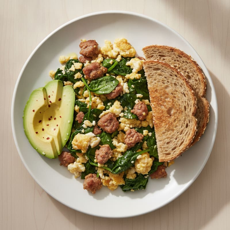 Egg White Scramble with Turkey Sausage and Sautéed Spinach