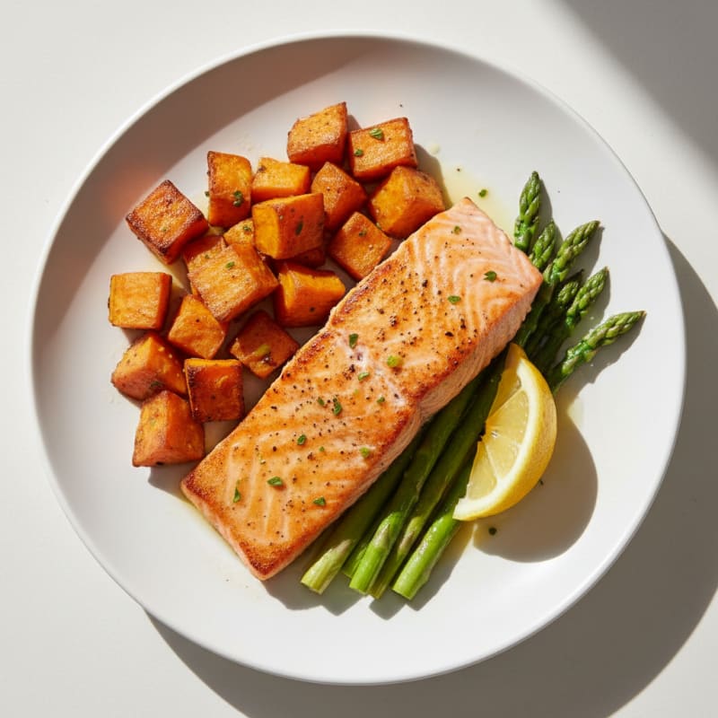 Seared Salmon Filet with Roasted Sweet Potato and Asparagus