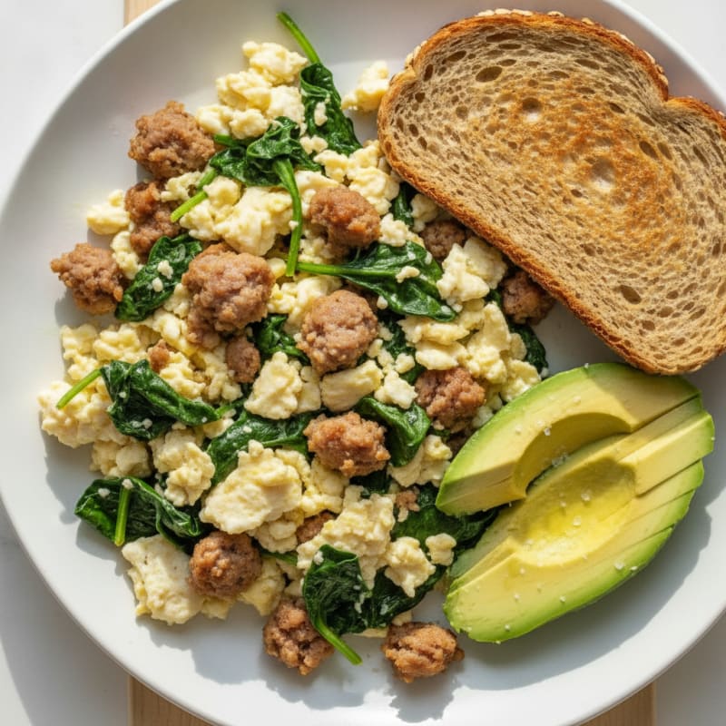 Scrambled Egg Whites with Turkey Sausage and Sautéed Spinach