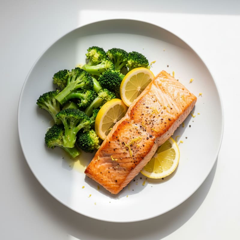 Seared Salmon with Steamed Broccoli and Lemon