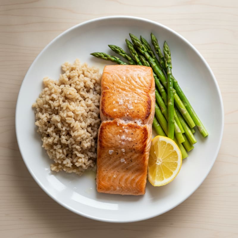 Seared Salmon Fillet with Steamed Asparagus and Brown Rice