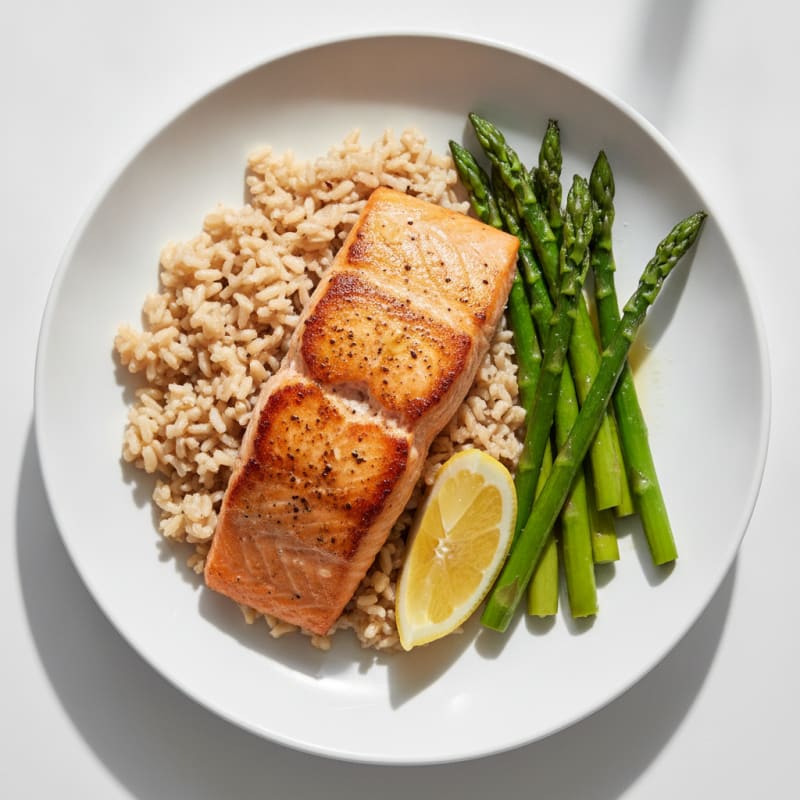 Seared Salmon with Steamed Asparagus and Brown Rice