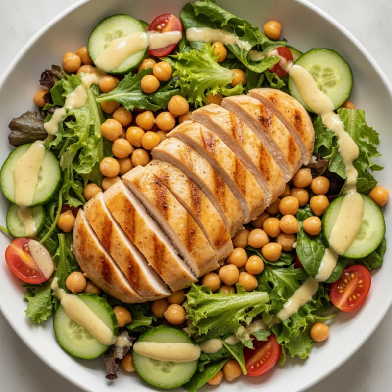 Grilled Chicken Breast Salad with Chickpeas and Lemon-Tahini Dressing