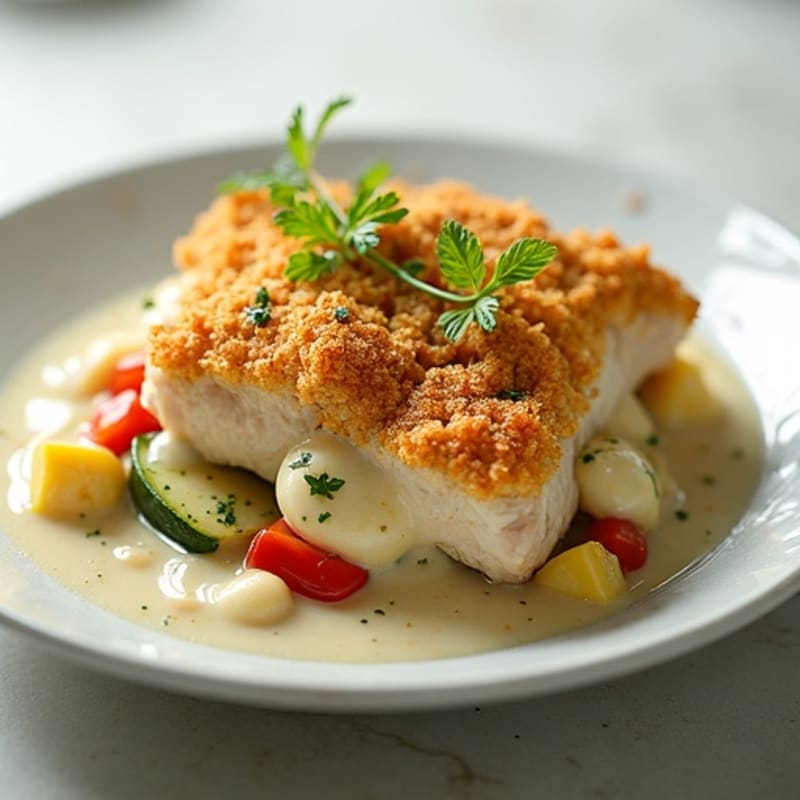 Creamy Herb Chicken and Vegetable Bake with Golden Cauliflower Topping