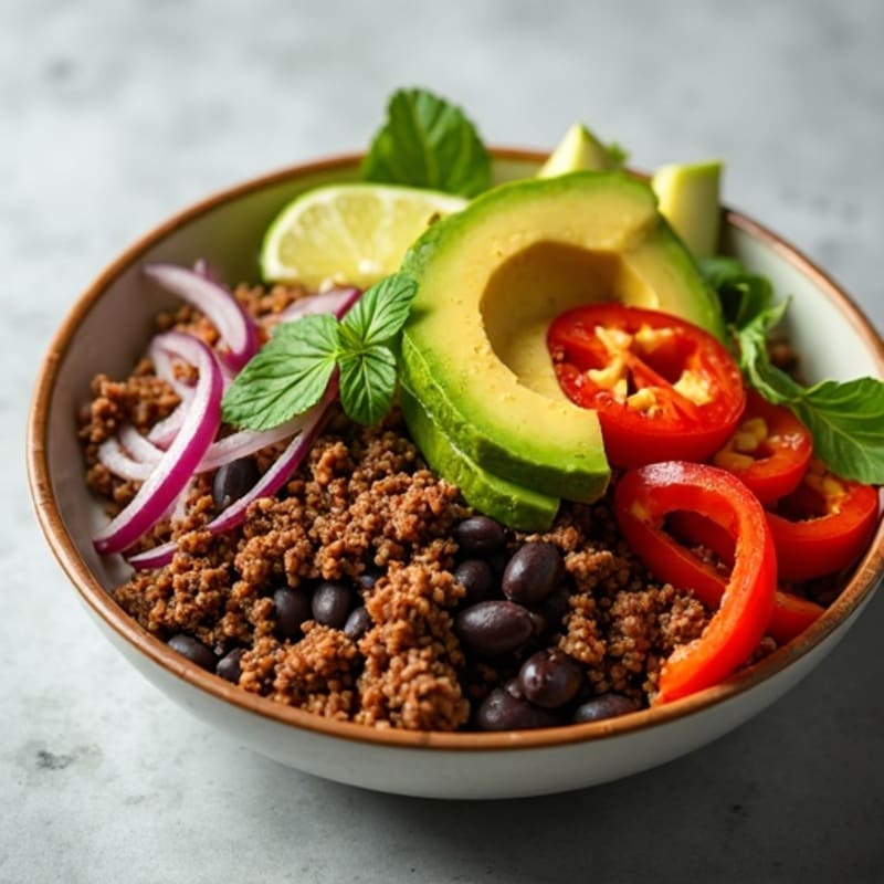 Lean Ground Beef Burrito Bowl with Fresh Avocado and Crispy Veggies