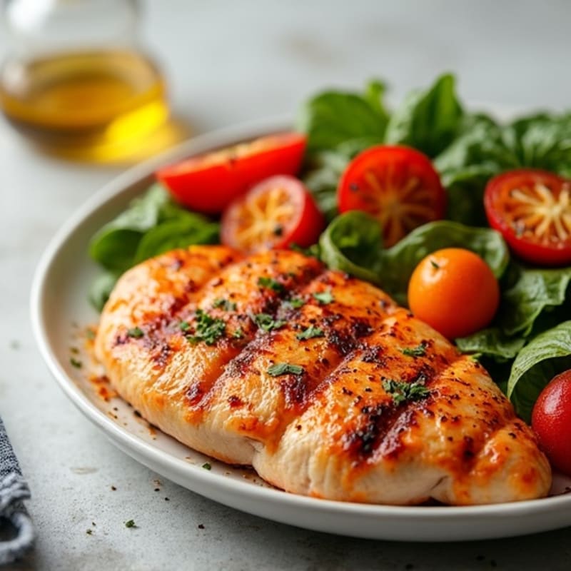 Grilled Chicken with Creamy Roasted Red Pepper Hummus and Crispy Roasted Vegetables