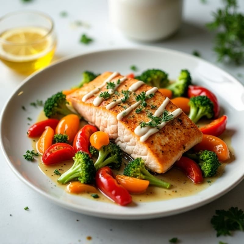 Crispy Roasted Salmon with Lemon-Herb Vegetables and Creamy Tahini Drizzle