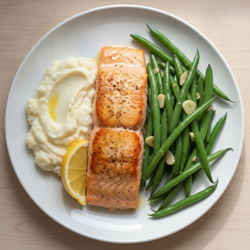 Seared Salmon with Garlic Green Beans and Mashed Cauliflower