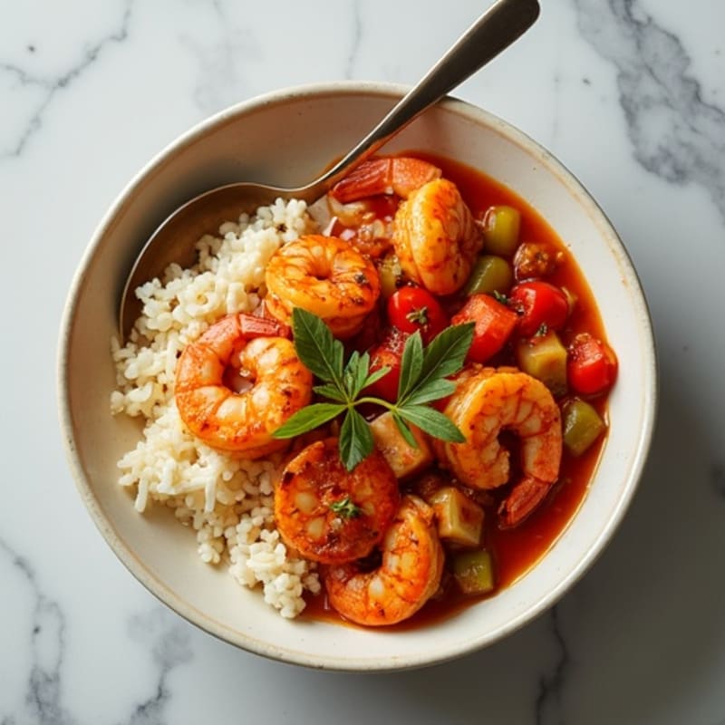 Spicy Shrimp and Chicken Gumbo with Cauliflower Rice