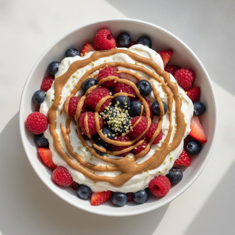 Greek Yogurt Protein Parfait with Mixed Berries and Almond Butter
