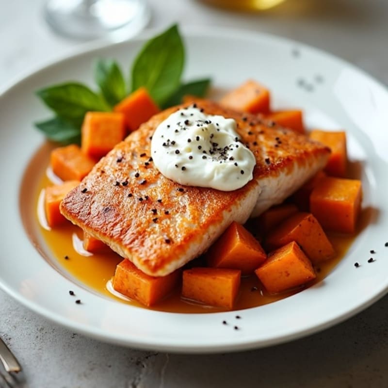 Crispy Pan-Seared Salmon with Roasted Sweet Potatoes and Creamy Cottage Cheese