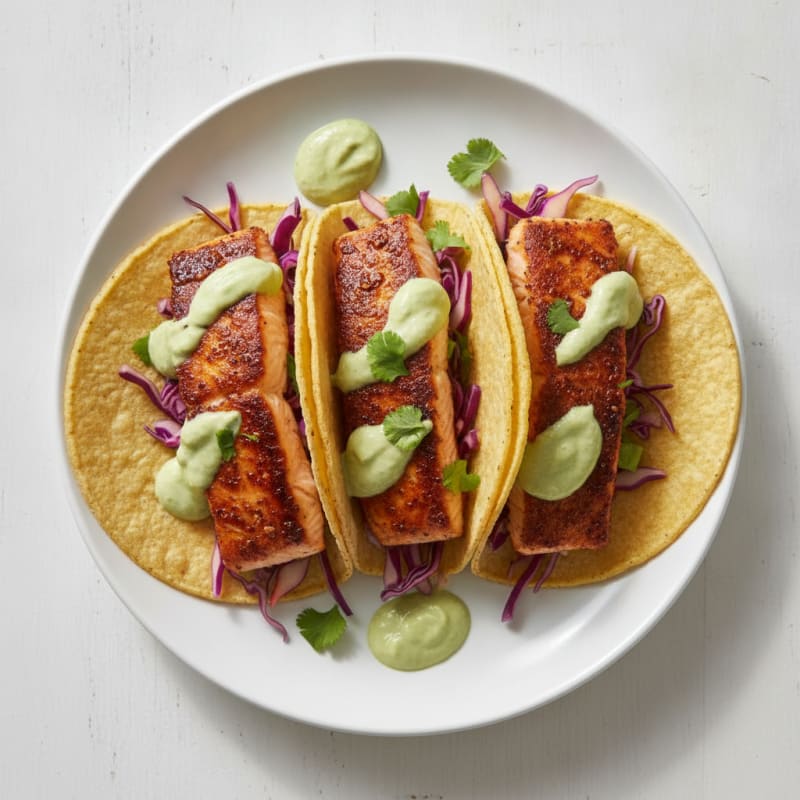 Pan-Seared Salmon Tacos with Avocado Crema