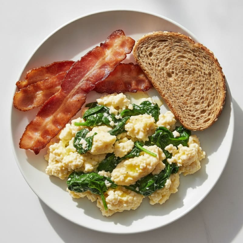 Cottage Cheese Egg Scramble with Spinach and Turkey Bacon
