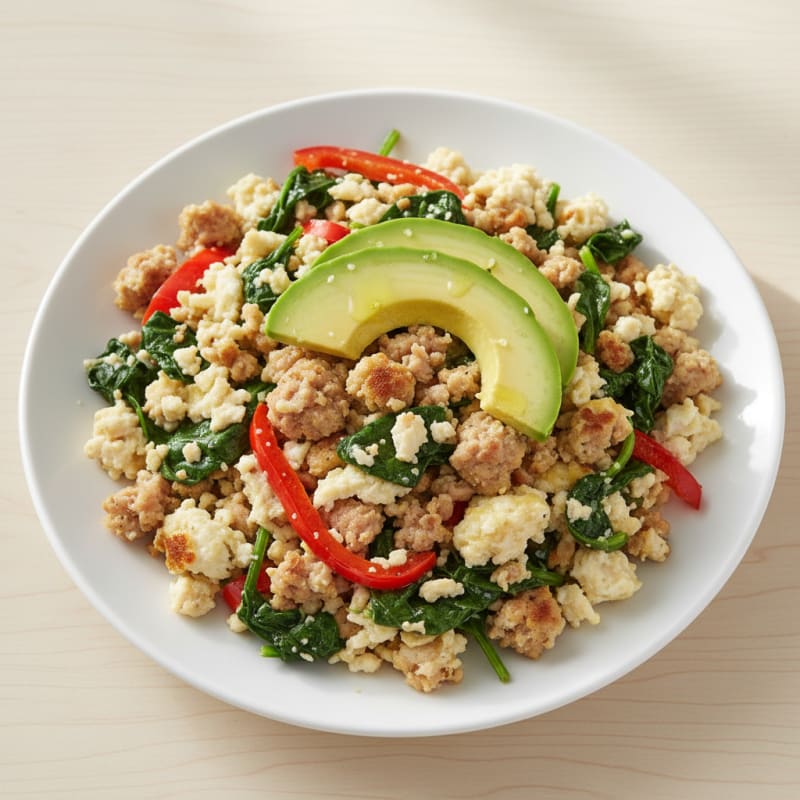 Egg White Scramble with Turkey Sausage and Sautéed Spinach