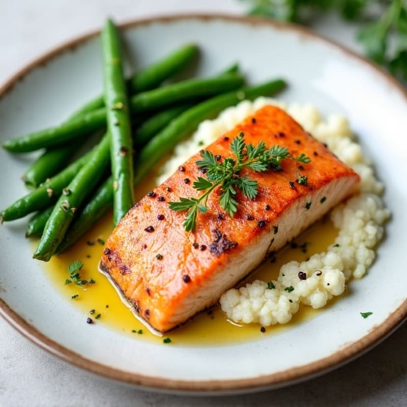 Seared Salmon with Garlic Green Beans and Cauliflower Mash