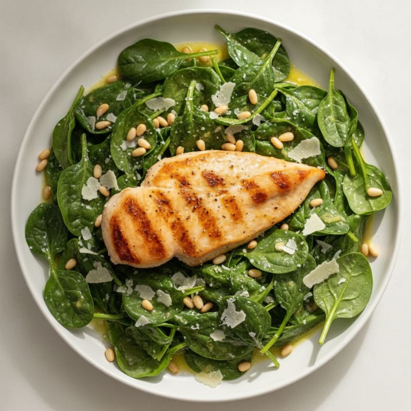Garlic-Parmesan Spinach Saute with Toasted Pine Nuts and Chicken