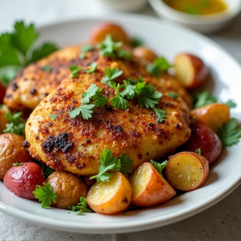 Baked Spiced Chicken and Crispy Potato Medley with Fresh Cilantro Chutney