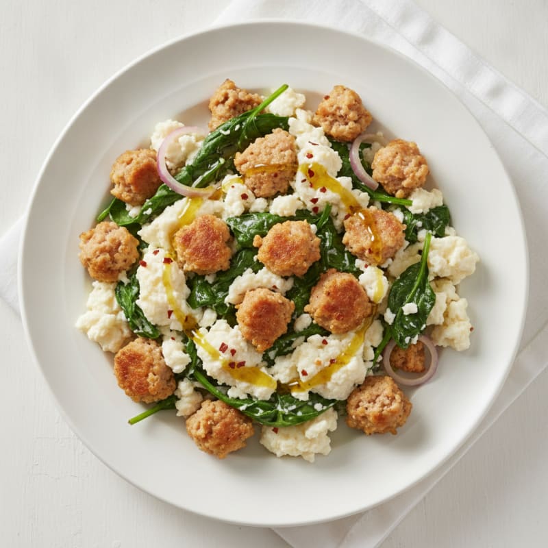 Egg White and Turkey Sausage Scramble with Sautéed Spinach