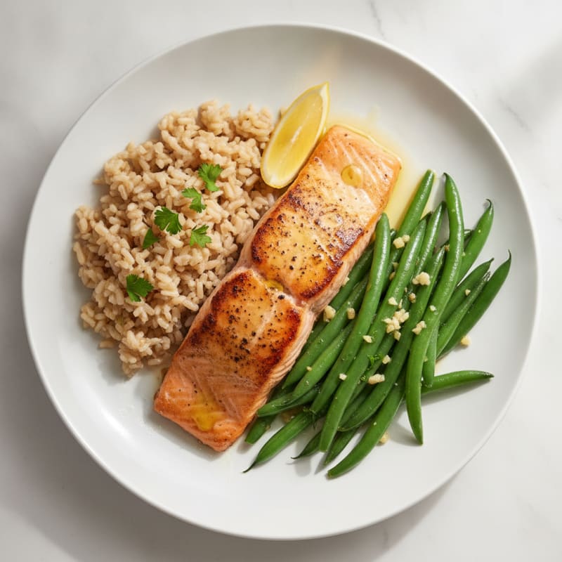 Seared Salmon Fillet with Garlic Green Beans and Brown Rice