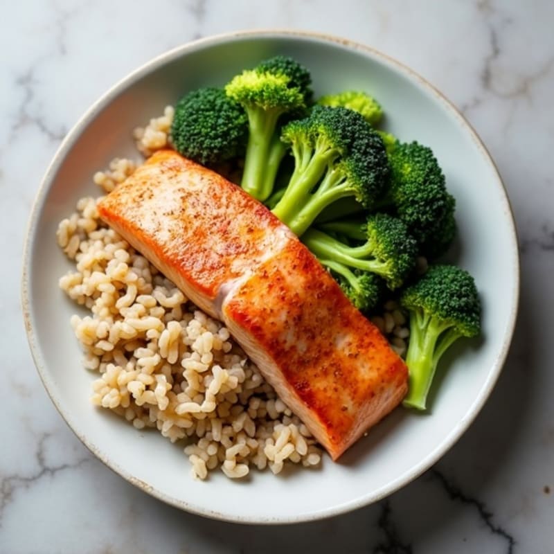 Seared Salmon with Steamed Broccoli and Brown Rice