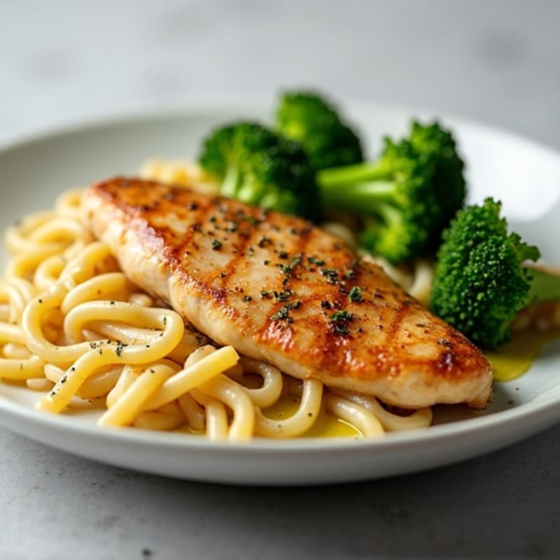 Seared Chicken Breast with Protein Pasta and Roasted Broccoli
