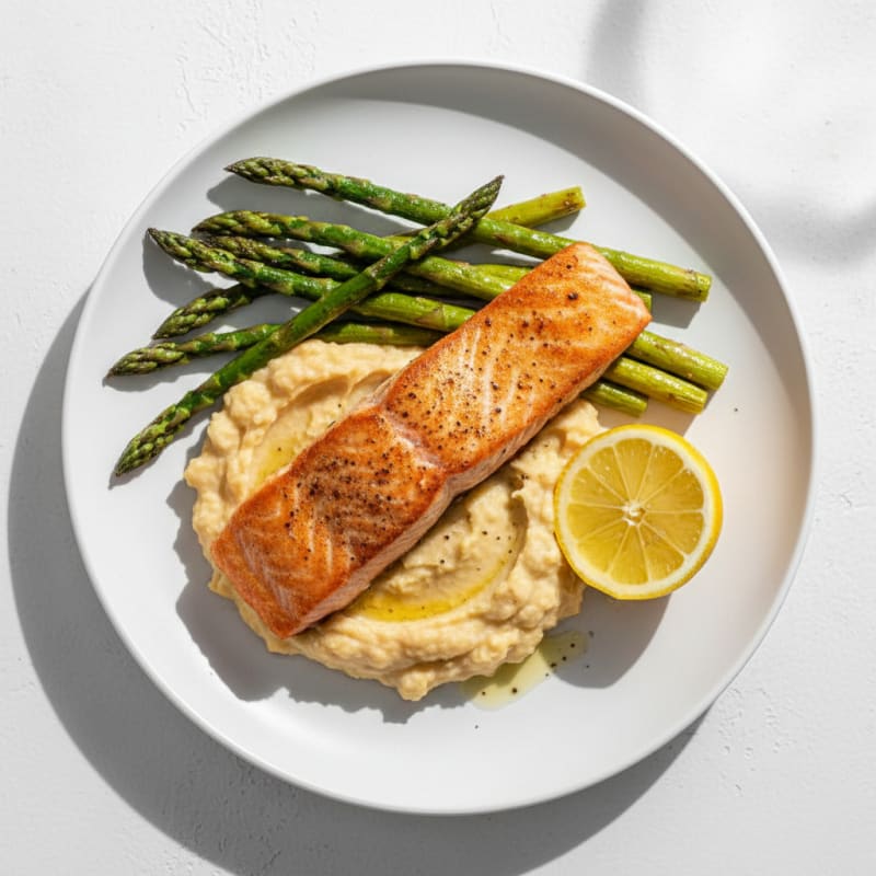 Seared Salmon with Creamy Chickpea Mash and Roasted Asparagus