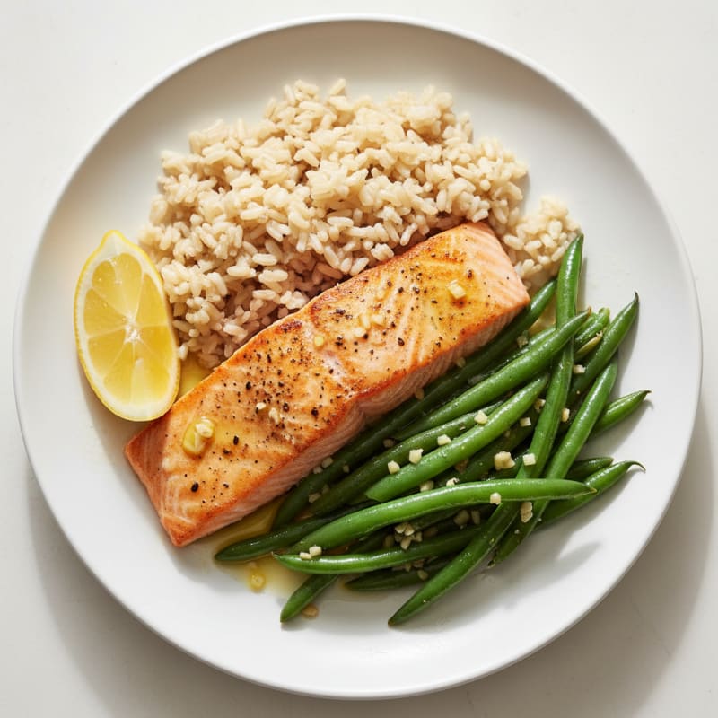 Seared Salmon with Garlic Green Beans and Brown Rice