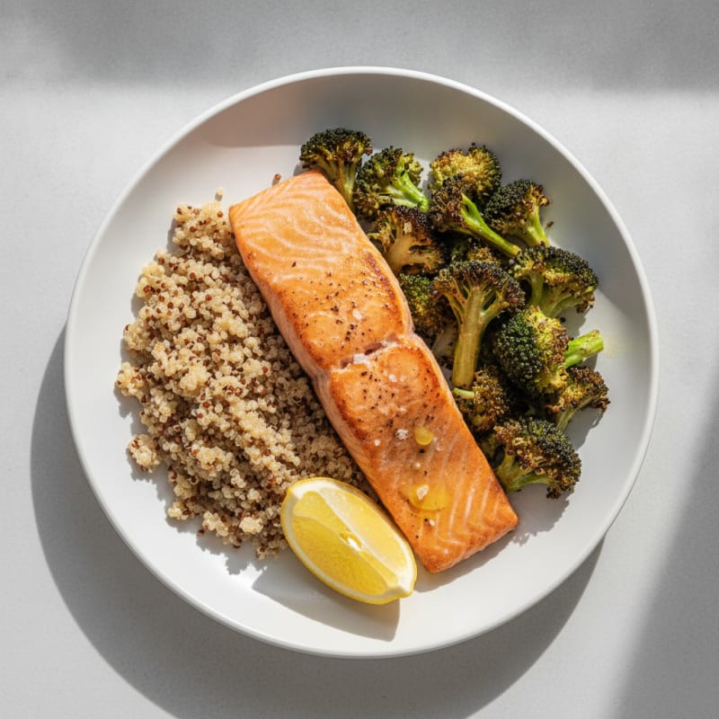 Seared Salmon with Roasted Broccoli and Quinoa