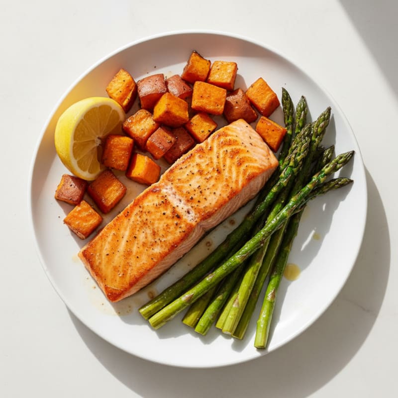 Seared Salmon with Roasted Sweet Potatoes and Asparagus