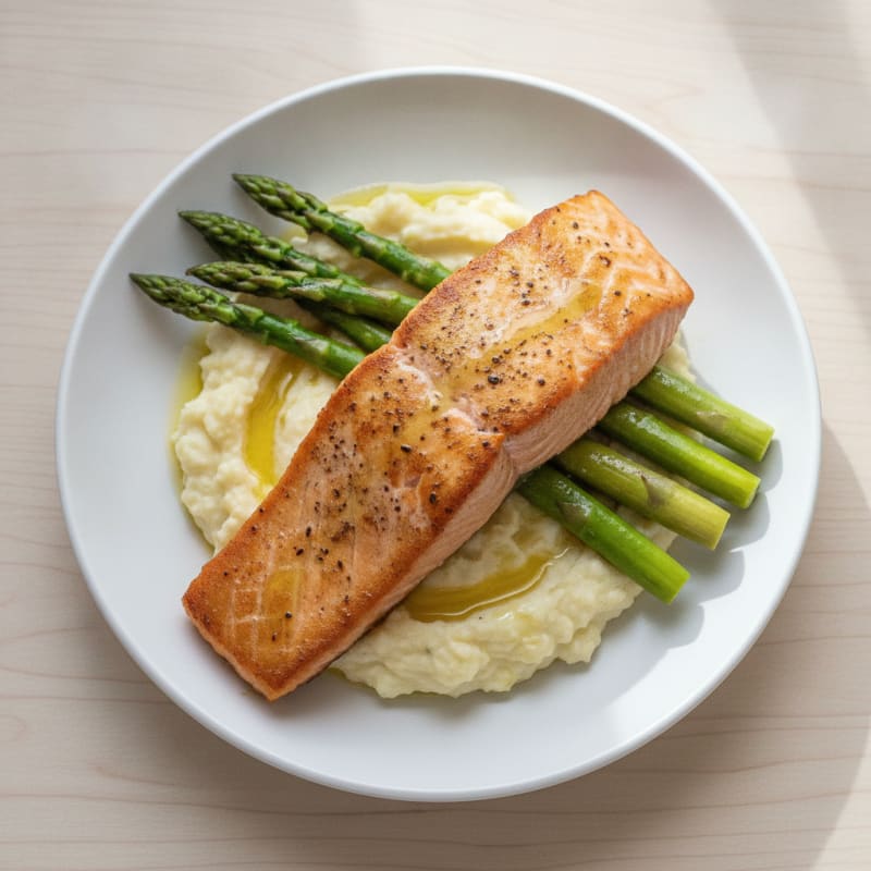 Seared Salmon with Steamed Asparagus and Garlic Mashed Cauliflower