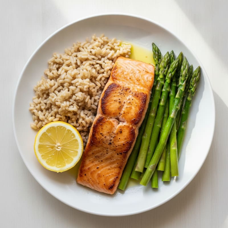 Seared Salmon Fillet with Steamed Asparagus and Brown Rice