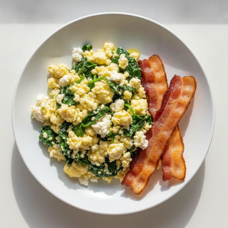 Cottage Cheese Egg Scramble with Spinach and Turkey Bacon